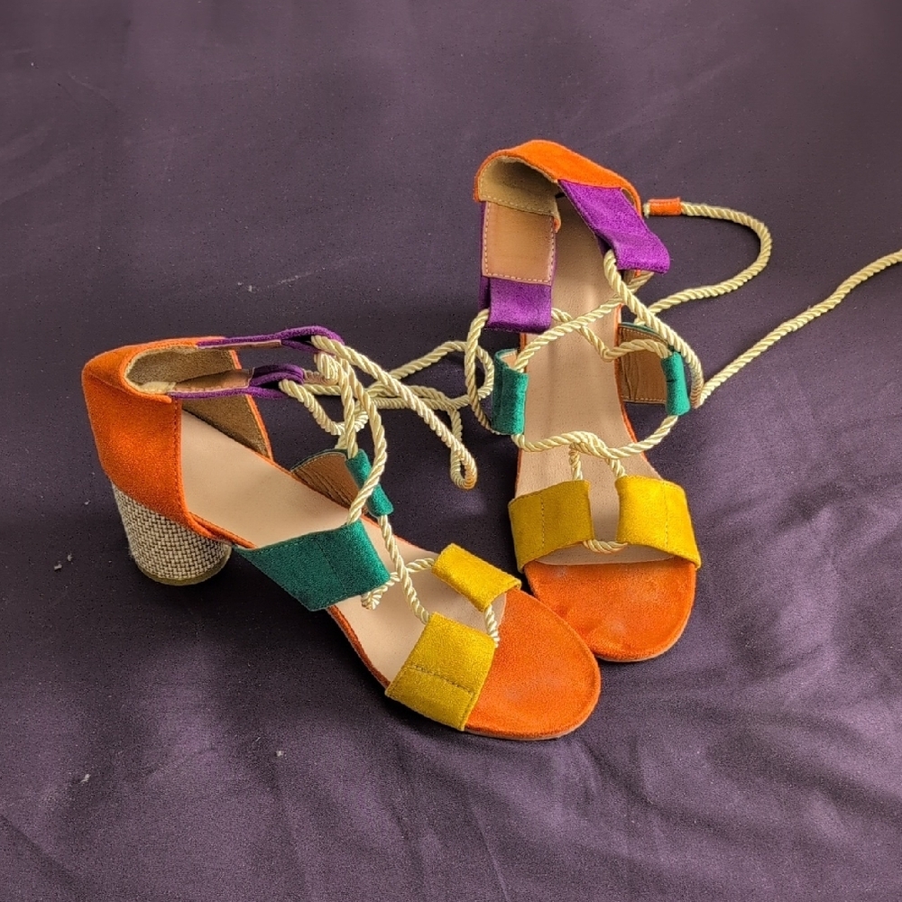 Vibrant Orange and Yellow Wedge Heels with Strappy Design